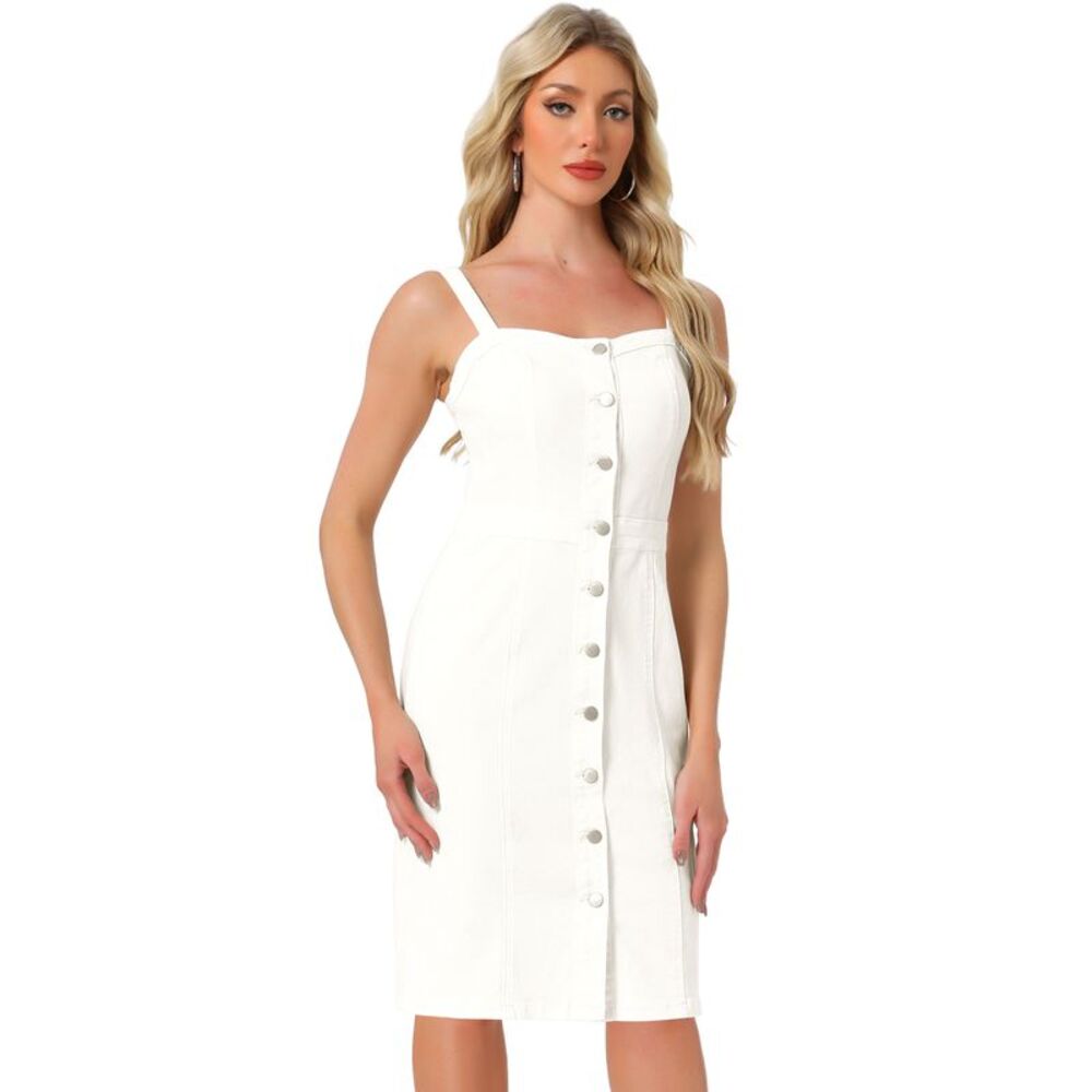 Button Down Denim Dress Sleeveless Sweetheart Neck Jeans Cream White